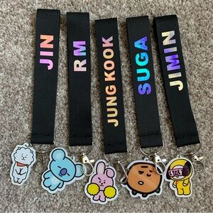 BTS BT21 KPop Wrist Strap Keychain Black Lanyard Set Of 5